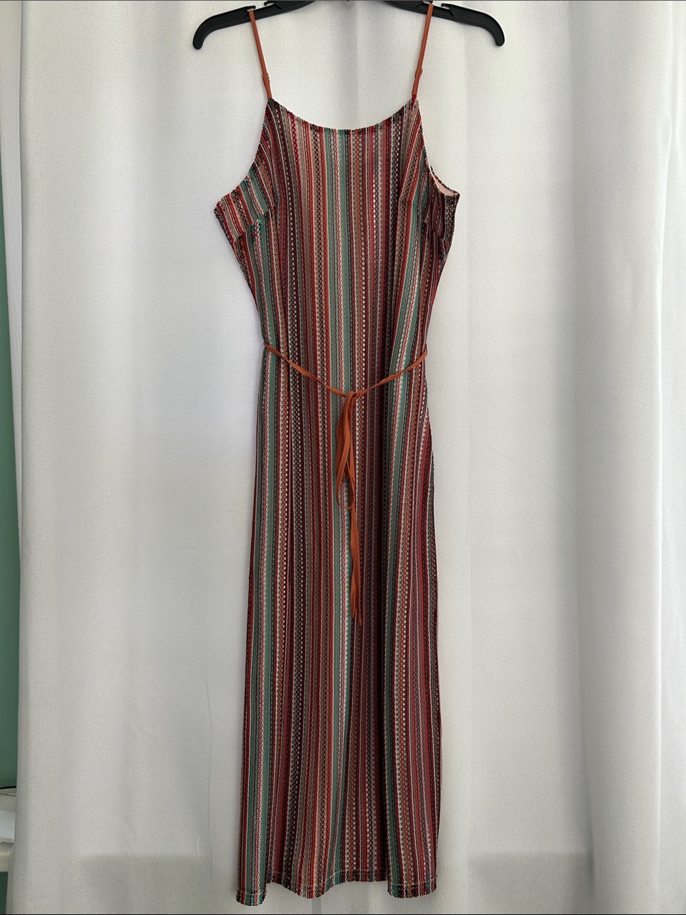 Sam Edelman Rust & Teal Striped Spaghetti-Strap Maxi Dress with Tie Belt